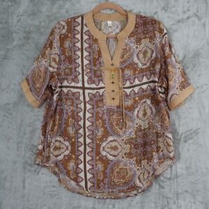 SooLinen Paisley Top Womens 2X Brown Boho Bohemian Casual Hippie Retro 70s NWT